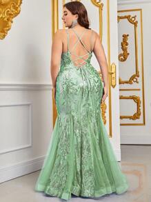 Plus Sequin Mesh Cami Formal Dress - Green - View 2