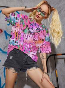 INAWLY Letter Graphic Drop Shoulder Tee Graphic Tees Women Tops