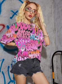 INAWLY Letter Graphic Drop Shoulder Tee Graphic Tees Women Tops