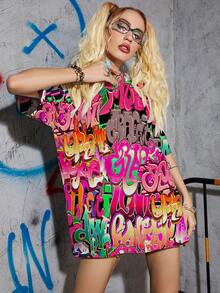 SHEIN EZwear Letter Graphic Drop Shoulder Tee - Multicolor - View 3