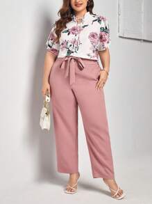 SHEIN Clasi 大碼印花繫帶領襯衫和腰帶長褲 - 彩色 - 查看 3