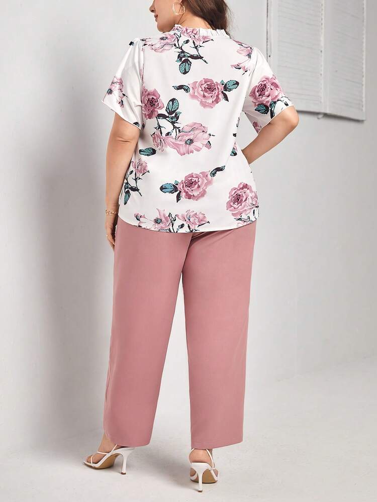 SHEIN Clasi 大碼印花繫帶領襯衫和腰帶長褲 - 彩色 - 查看 2