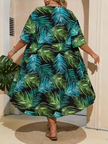 SHEIN VCAY Plus Tropical Print Tie Front Kimono Without Bikini - Multicolor - View 2