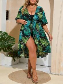 SHEIN VCAY Plus Tropical Print Tie Front Kimono Without Bikini - Multicolor - View 6