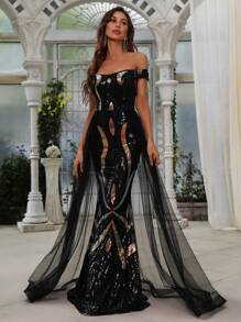 Faeriesty Off-Shoulder Contrast Color Fish Tail Hem Luxurious Mesh Sequin Dress - Black - View 4