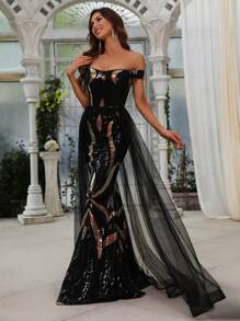 Faeriesty Off-Shoulder Contrast Color Fish Tail Hem Luxurious Mesh Sequin Dress - Black - View 3