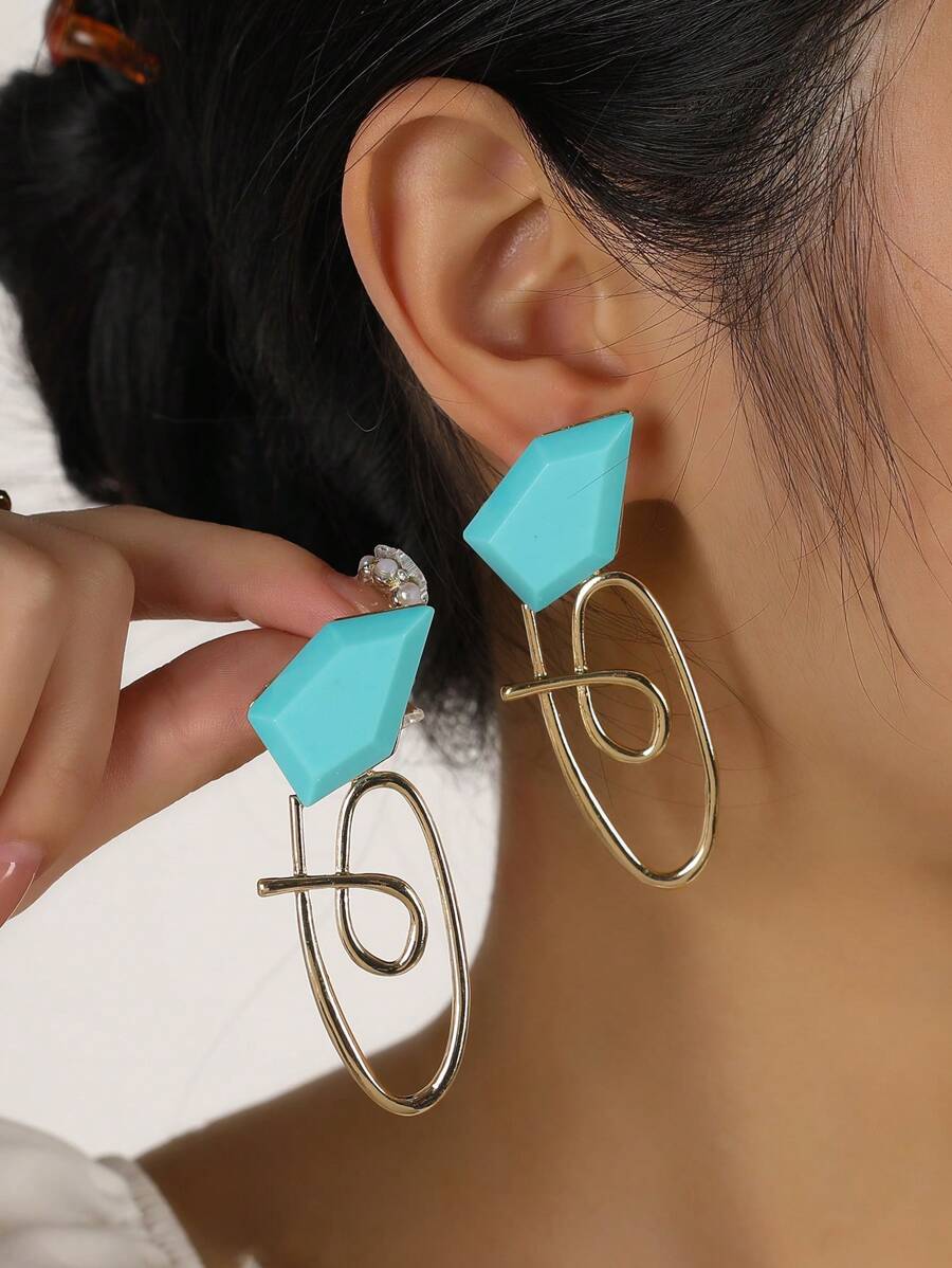 1對時尚鋅合金幾何耳釘適合女士適用於禮品 - 綠松石色 - 查看 1