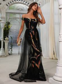 Faeriesty Off-Shoulder Contrast Color Fish Tail Hem Luxurious Mesh Sequin Dress - Black - View 5
