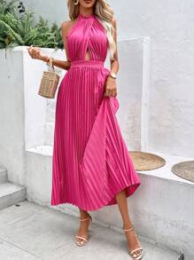 Breezaya Cut Out Pleated Hem Halter Neck Backless Dress