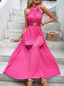 Breezaya Cut Out Pleated Hem Halter Neck Backless Dress