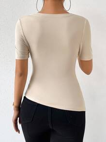 Chiquease Áo thun nữ Bất đối xứng Xù Trọn gói màu trơn Giải trí - Màu be - Xem 2