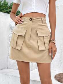 SHEIN Essnce Flap Pocket Cargo Skirt - Khaki - View 4