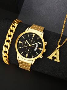 男士手表 1 件休闲时尚日历圆形指针石英表和 2 件手链、字母吊坠项链首饰套装适合男士聚会、节日、生日佩戴或作为兄弟，是送给男士的最佳礼物