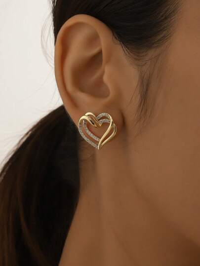 Aboocag 1 Pair Gold-Color Double-Layer Heart Zirconia Stud Earrings, Suitable For Women's Daily, Festival, Party Occasions And As Valentine's Day Gift For Girlfriend