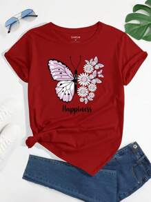 INAWLY Butterfly And Floral Print Tee - Red - View 1