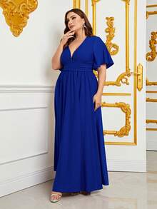 Faeriesty Plus Plunge Neck Split Thigh Dress - Royal Blue - View 6