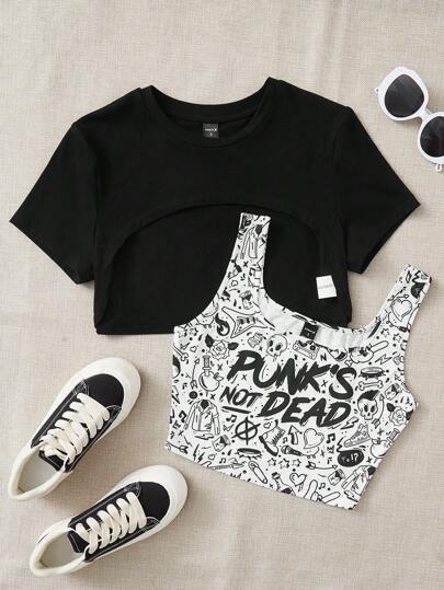 Y2Kool BoredToDeath Artist Solid Crop Top & Slogan & Skull Print Tank Top PUNK'S NOT DEAD, For Summer, 95% Cotton, Holiday, Vacation, Going Out, Festival, Ibiza Fits, Western Wear Spring Outfits Women Y2K Carnival Clothes