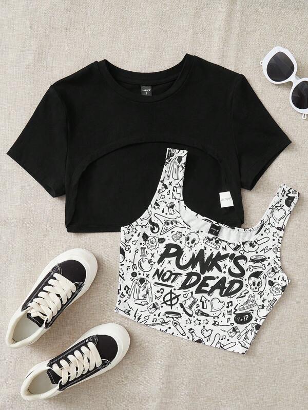 BoredToDeath Top Crop Artist Solid & Slogan & Skull Print Tank Top PUNK'S NOT DEAD, Pentru vară, 95% bumbac, Sărbători, Vacanță, Ieșiri, Festival, Ibiza Fits, Western Wear