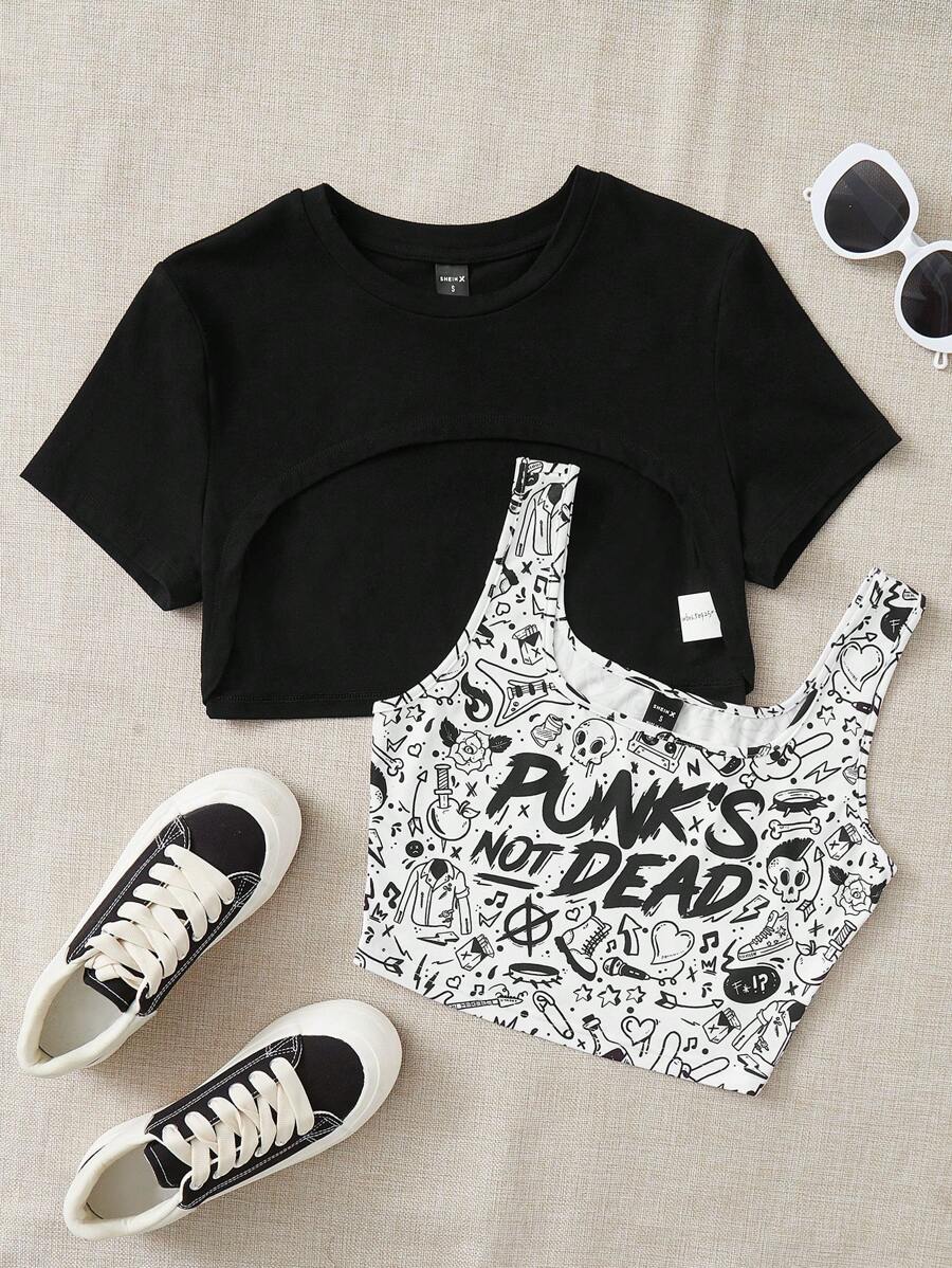 Y2Kool BoredToDeath Artist Solid Crop Top & Slogan & Skull Print Tank Top PUNK'S NOT DEAD, For Summer, 95% Cotton, Holiday, Vacation, Going Out, Festival, Ibiza Fits, Western Wear Spring Outfits Women Y2K Carnival Clothes - Black and White - View 1