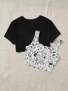 Y2Kool BoredToDeath Artist Solid Crop Top & Slogan & Skull Print Tank Top PUNK'S NOT DEAD, For Summer, 95% Cotton, Holiday, Vacation, Going Out, Festival, Ibiza Fits, Western Wear Spring Outfits Women Y2K Carnival Clothes - Black and White - View 2