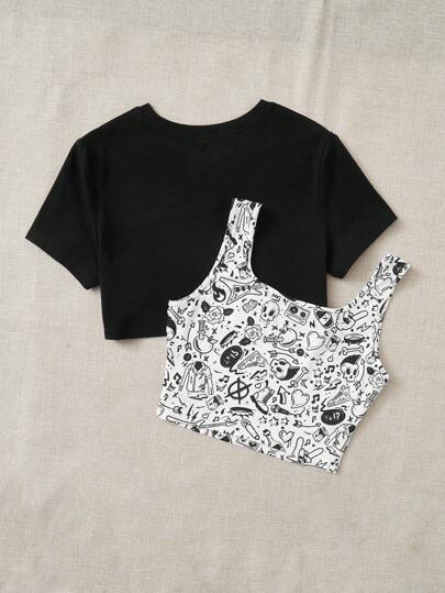 Y2Kool BoredToDeath Artist Solid Crop Top & Slogan & Skull Print Tank Top PUNK'S NOT DEAD, For Summer, 95% Cotton, Holiday, Vacation, Going Out, Festival, Ibiza Fits, Western Wear Spring Outfits Women Y2K Carnival Clothes