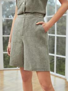 MOTF PREMIUM Shorts espiga mezcla lino - Verde militar - Ver 2