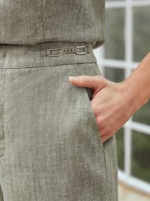 MOTF PREMIUM Shorts espiga mezcla lino - Verde militar - Ver 3