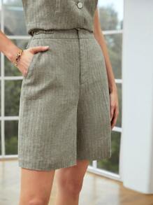 MOTF PREMIUM Shorts espiga mezcla lino - Verde militar - Ver 4