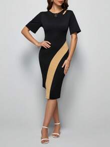 SHEIN Clasi 拼接面鏤空緊身連衣裙 - 黑色 - 查看 4
