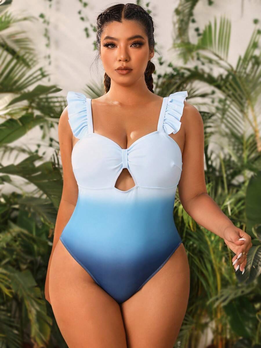 SHEIN Swim Curve 大碼漸層荷葉邊連體泳衣 - 藍色 - 查看 1