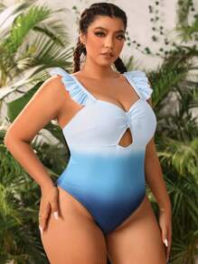 SHEIN Swim Curve 大碼漸層荷葉邊連體泳衣 - 藍色 - 查看 3