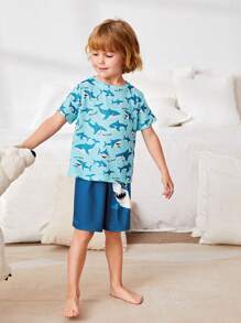 SHEIN Toddler Boys Shark Print Tee & Shorts PJ Set - Multicolor - View 3