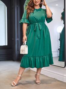 SHEIN Clasi 大碼荷葉袖荷葉邊繫腰帶連衣裙 - 綠色 - 查看 4