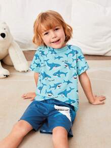 SHEIN Toddler Boys Shark Print Tee & Shorts PJ Set - Multicolor - View 4