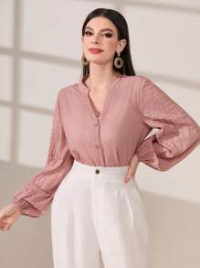 Mulvari Solid Button Front Lantern Sleeve Blouse - Baby Pink - View 1