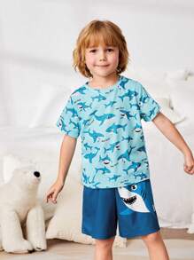 SHEIN Toddler Boys Shark Print Tee & Shorts PJ Set - Multicolor - View 5