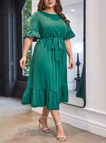 SHEIN Clasi 大碼荷葉袖荷葉邊繫腰帶連衣裙 - 綠色 - 查看 5