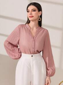 Mulvari Solid Button Front Lantern Sleeve Blouse - Baby Pink - View 4