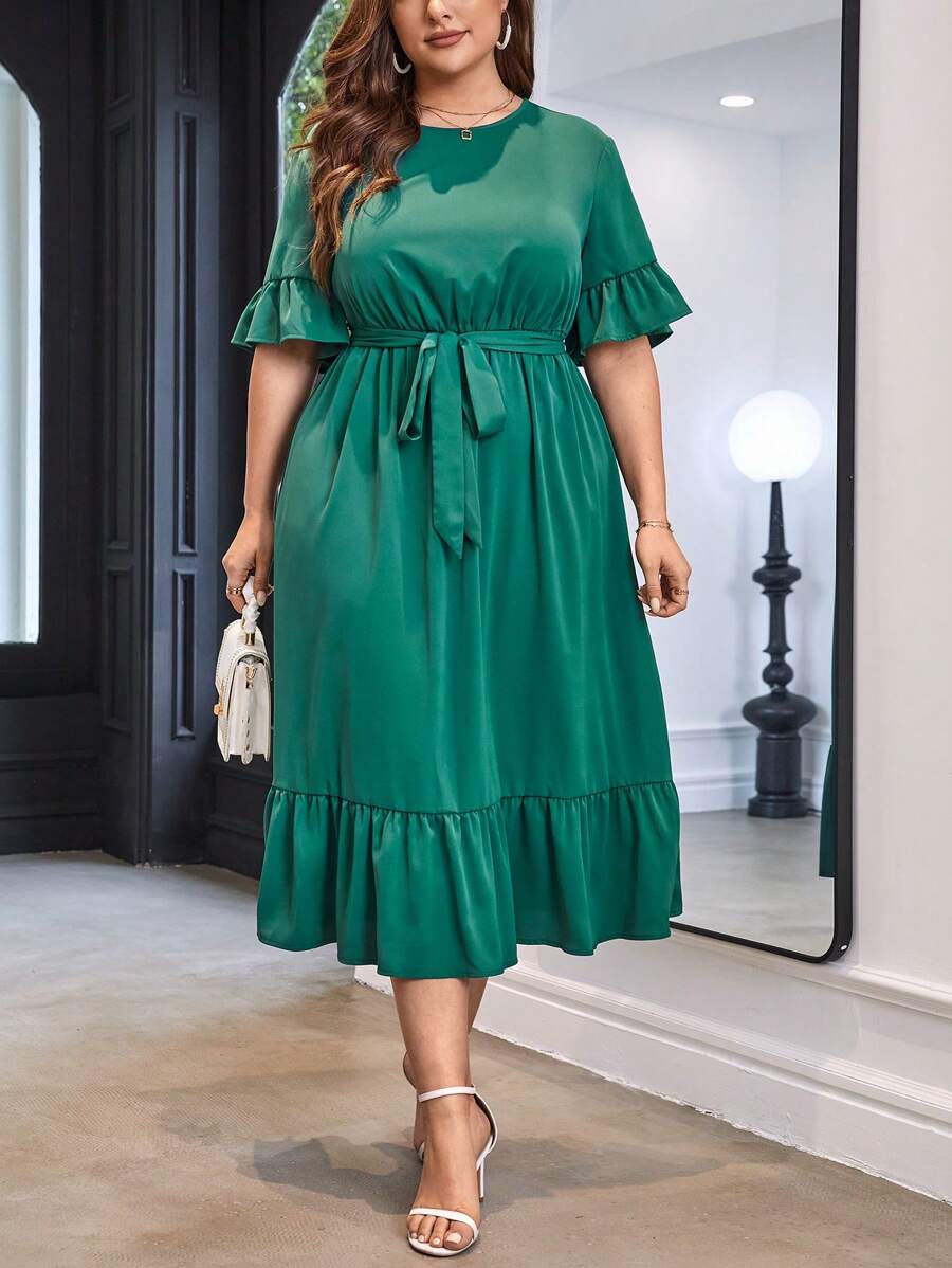 SHEIN Clasi 大碼荷葉袖荷葉邊繫腰帶連衣裙 - 綠色 - 查看 1