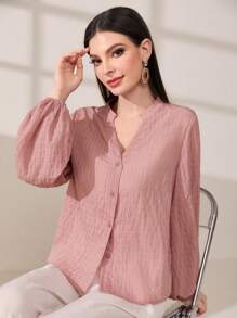 Mulvari Solid Button Front Lantern Sleeve Blouse - Baby Pink - View 6