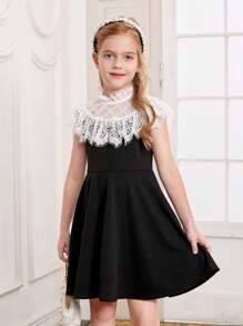 SHEIN Chicas Vestido con encaje en contraste de cuello alto - Negro - Ver 1