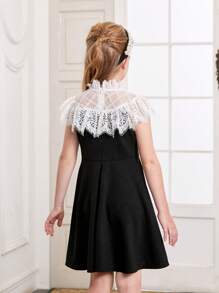 SHEIN Chicas Vestido con encaje en contraste de cuello alto - Negro - Ver 2