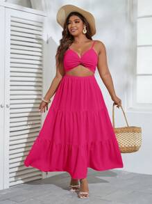 SHEIN VCAY Plus Twist Front Cut Out Ruffle Hem Cami Dress - Hot Pink - View 1