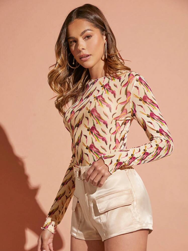 SHEIN BAE Allover Print Lettuce Trim Mesh Top - Multicolor - View 4