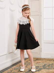 SHEIN Chicas Vestido con encaje en contraste de cuello alto - Negro - Ver 4