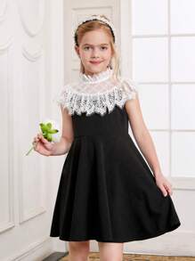 SHEIN Chicas Vestido con encaje en contraste de cuello alto - Negro - Ver 5
