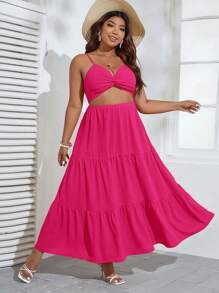 SHEIN VCAY Plus Twist Front Cut Out Ruffle Hem Cami Dress - Hot Pink - View 3