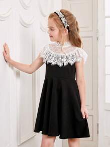 SHEIN Chicas Vestido con encaje en contraste de cuello alto - Negro - Ver 6