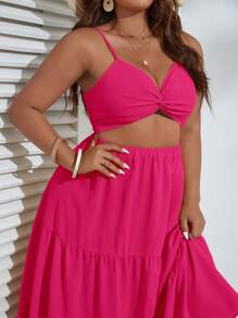 SHEIN VCAY Plus Twist Front Cut Out Ruffle Hem Cami Dress - Hot Pink - View 6