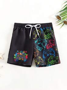 Boys Gamepad Print Drawstring Waist Swim Shorts - Black - View 1